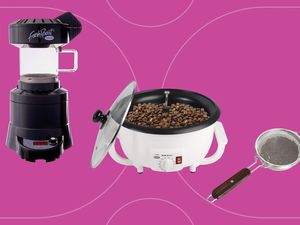 Home coffee roasters we recommend on a purple background