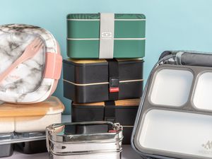 Assortment of bento boxes displayed on a gray surface against a light blue background 