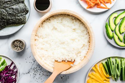 Classic Japanese sushi rice in a wooden bowl