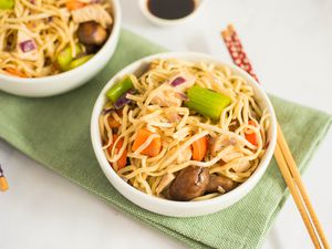 Turkey chow mein in a bowl