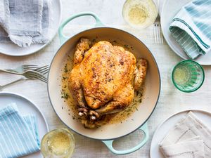 Chicken dinner served with sparkling wine