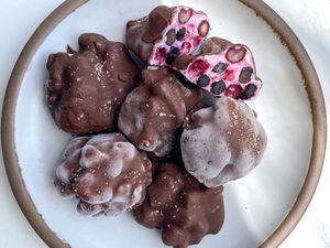 chocolate covered blueberry yogurt clusters on a plate