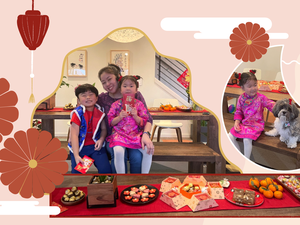 A composite image of the author with two small children in her lap, a photo of a child sitting on a bench with a cute small dog, and a photo of a Lunar New Year table spread