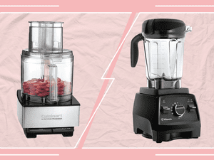 Collage of a Blender and Food Processor on a pink background with white lines 