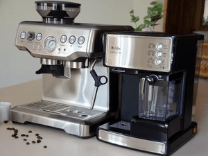 Two expresso and cappuccino machines we recommend displayed side-by-side on countertop with nearby coffee beans