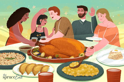 Illustration of five people gathered around a Thanksgiving table with turkey and other side dishes